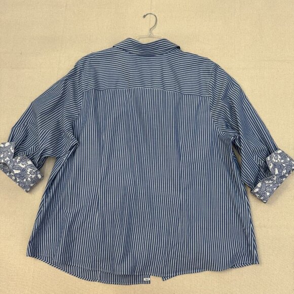 Talbots Blue & White Pin Striped Button Blouse Shirt Floral Flip Cuff 24W - Picture 2 of 14